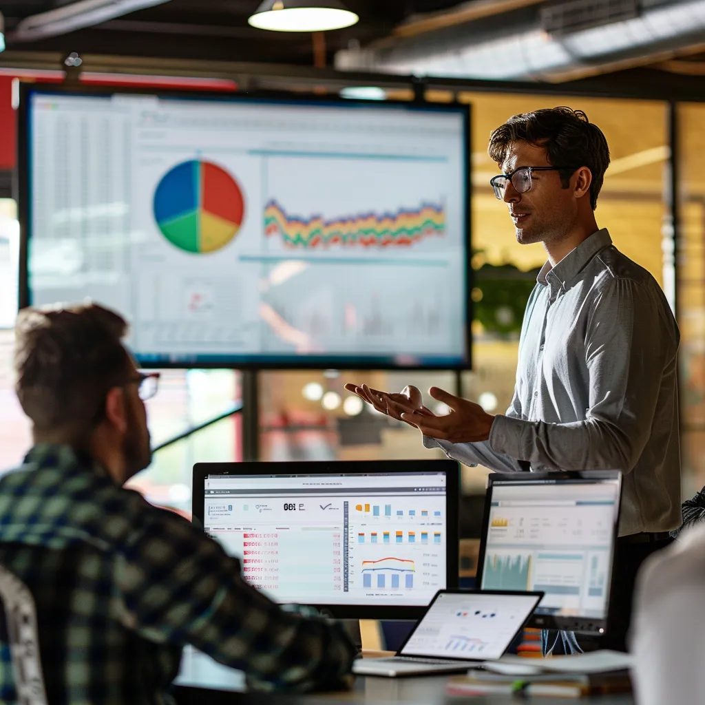 a bustling office environment with a confident professional studying analytics on a large screen, surrounded by team members engaged in vibrant discussions about local seo strategies to enhance business presence in conroe.