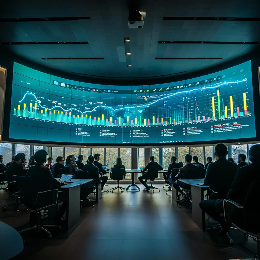 a dynamic conference room filled with engaged professionals, showcasing a large digital screen displaying vibrant graphs and charts, symbolizing innovative digital marketing strategies tailored for modern business needs.