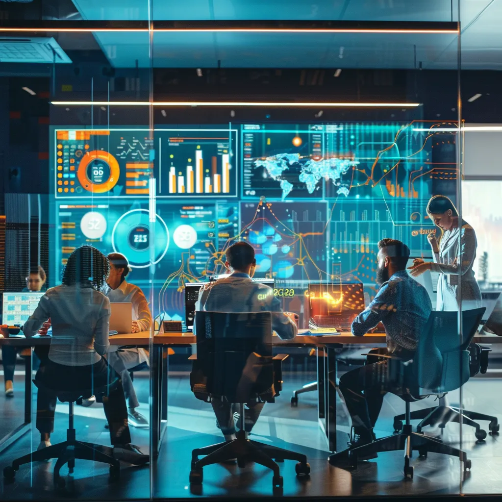 a dynamic urban office scene showcases a diverse team of professionals engaged in a lively brainstorming session, surrounded by vibrant social media analytics displayed on screens, emphasizing innovative marketing strategies for local growth.