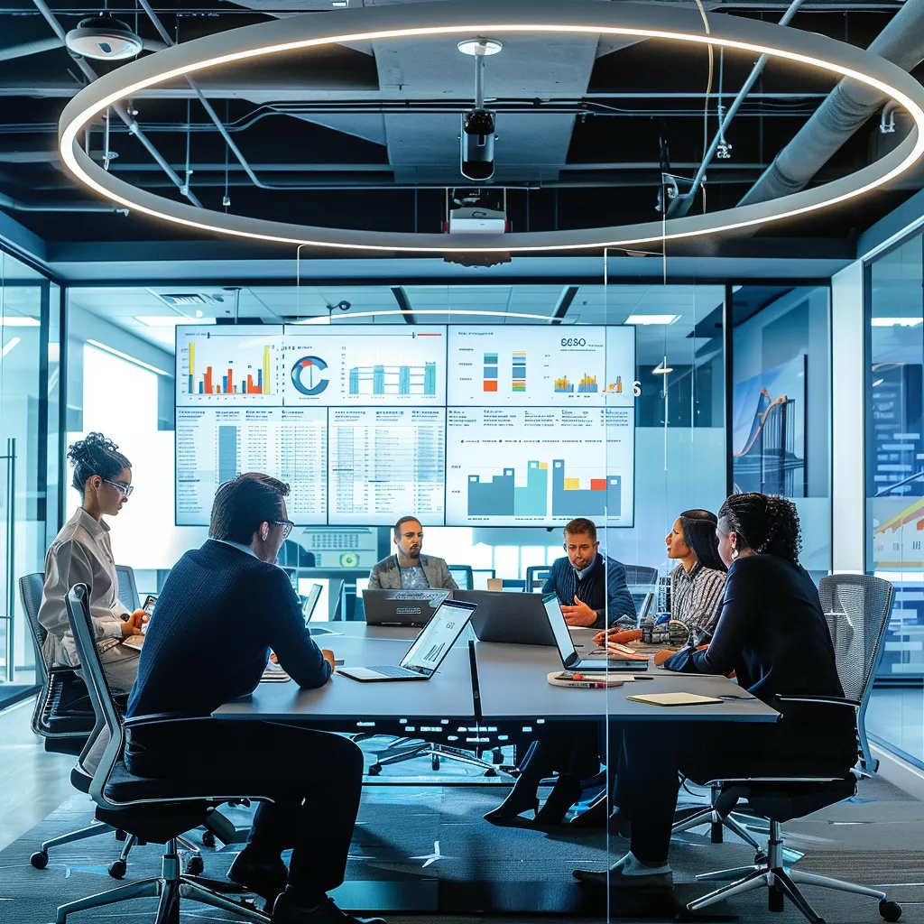 a modern office setting showcases a focused team gathered around a sleek conference table, analyzing dynamic digital charts on multiple screens that highlight ppc advertising strategies for conroe, radiating a vibrant energy of collaboration and innovation.
